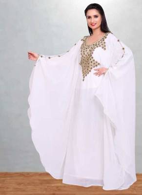 Pristine White Hand-Embroidered Georgette Butterfly Kaftan 4