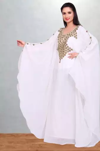 Pristine White Hand-Embroidered Georgette Butterfly Kaftan