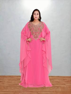 Candy Pink Georgette Butterfly Kaftan with Intricate Gold Zari Yoke 1