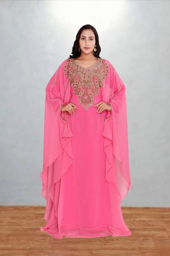 Candy Pink Georgette Butterfly Kaftan with Intricate Gold Zari Yoke
