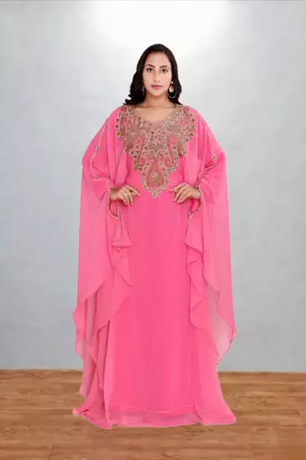 Candy Pink Georgette Butterfly Kaftan with Intricate Gold Zari Yoke