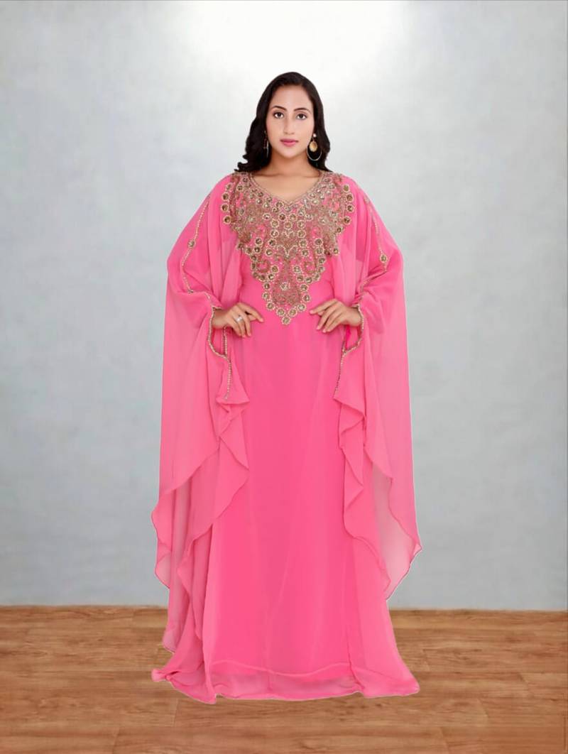 Candy Pink Georgette Butterfly Kaftan with Intricate Gold Zari Yoke