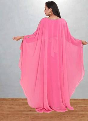 Candy Pink Georgette Butterfly Kaftan with Intricate Gold Zari Yoke 2