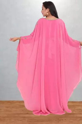 Candy Pink Georgette Butterfly Kaftan with Intricate Gold Zari Yoke