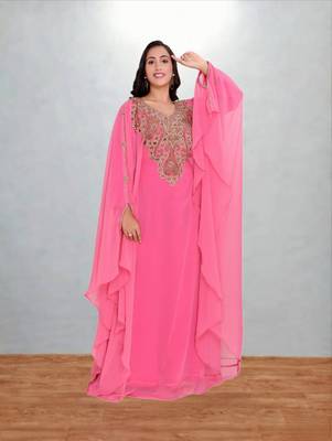 Candy Pink Georgette Butterfly Kaftan with Intricate Gold Zari Yoke 3