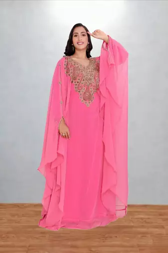 Candy Pink Georgette Butterfly Kaftan with Intricate Gold Zari Yoke