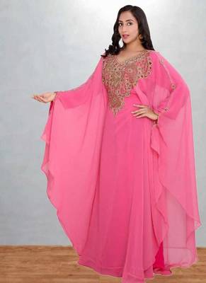 Candy Pink Georgette Butterfly Kaftan with Intricate Gold Zari Yoke 4