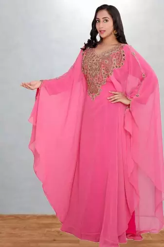 Candy Pink Georgette Butterfly Kaftan with Intricate Gold Zari Yoke