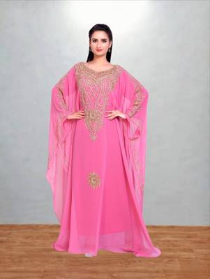 Rose Pink Georgette Farasha Kaftan with Antique Gold Vine Embroidery 1