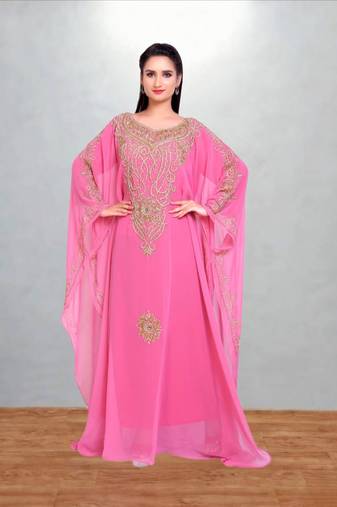 Rose Pink Georgette Farasha Kaftan with Antique Gold Vine Embroidery