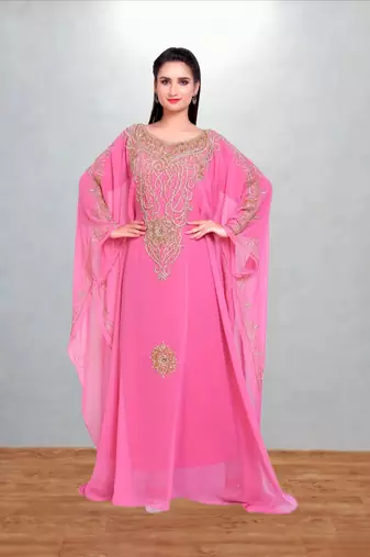 Rose Pink Georgette Farasha Kaftan with Antique Gold Vine Embroidery