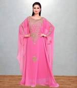 Rose Pink Georgette Farasha Kaftan with Antique Gold Vine Embroidery