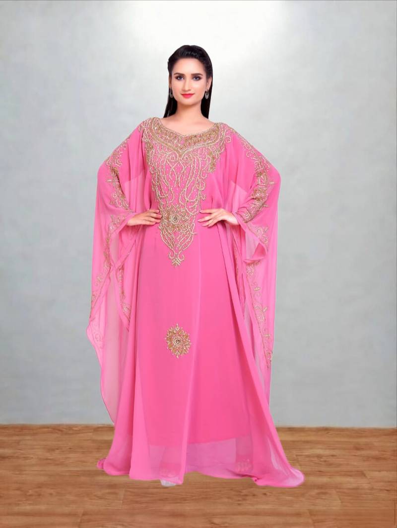 Rose Pink Georgette Farasha Kaftan with Antique Gold Vine Embroidery