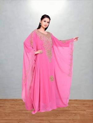 Rose Pink Georgette Farasha Kaftan with Antique Gold Vine Embroidery 2