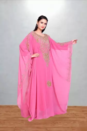 Rose Pink Georgette Farasha Kaftan with Antique Gold Vine Embroidery