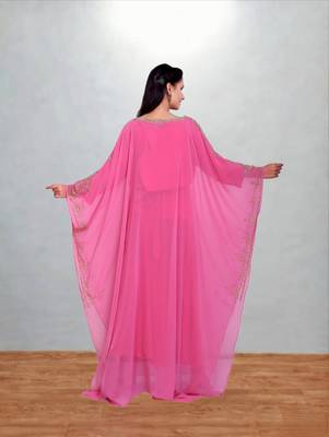 Rose Pink Georgette Farasha Kaftan with Antique Gold Vine Embroidery 3