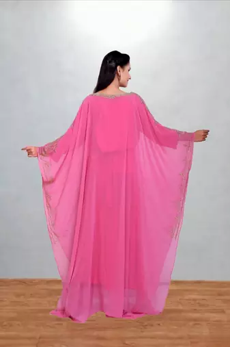 Rose Pink Georgette Farasha Kaftan with Antique Gold Vine Embroidery