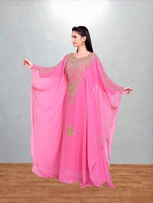 Rose Pink Georgette Farasha Kaftan with Antique Gold Vine Embroidery 4