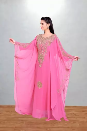 Rose Pink Georgette Farasha Kaftan with Antique Gold Vine Embroidery