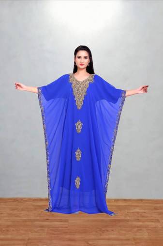 Royal Blue Georgette Butterfly Kaftan with Antique Gold Medallion Embroidery