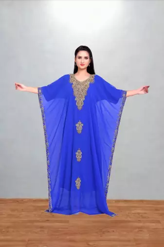 Royal Blue Georgette Butterfly Kaftan with Antique Gold Medallion Embroidery