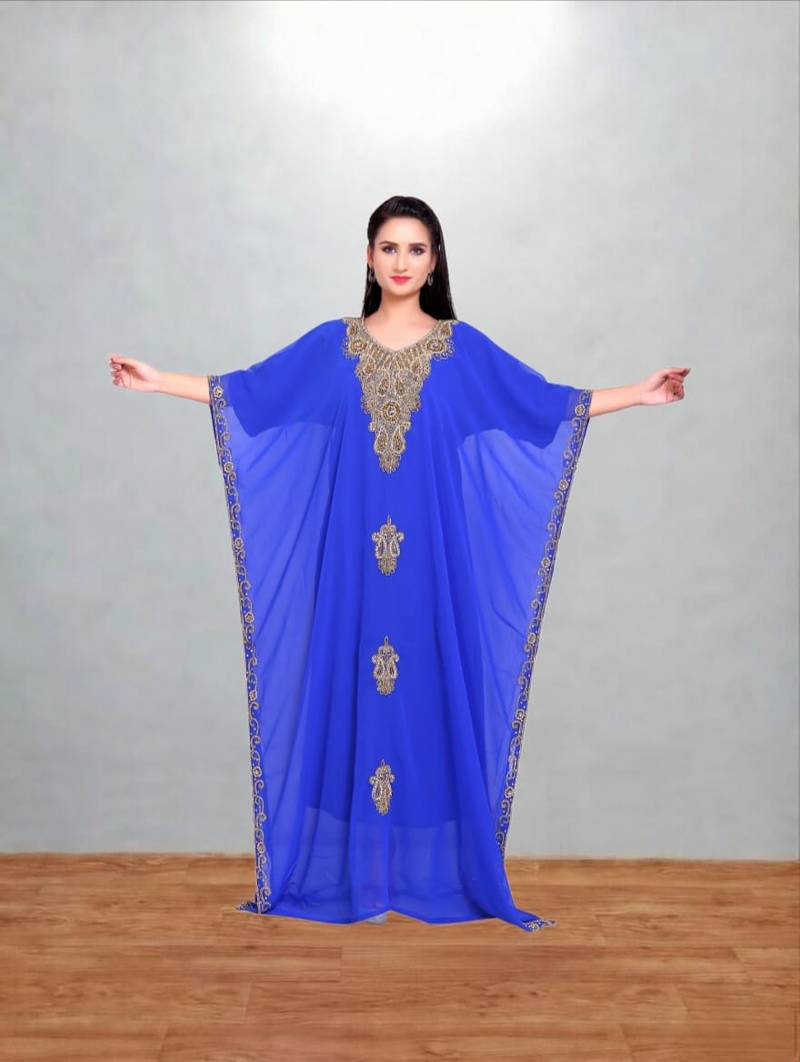 Royal Blue Georgette Butterfly Kaftan with Antique Gold Medallion Embroidery