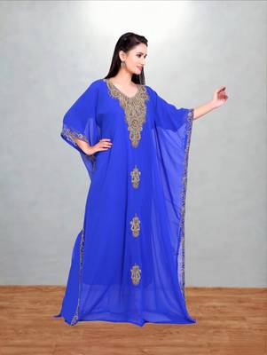 Royal Blue Georgette Butterfly Kaftan with Antique Gold Medallion Embroidery 3