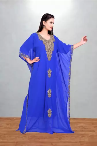 Royal Blue Georgette Butterfly Kaftan with Antique Gold Medallion Embroidery