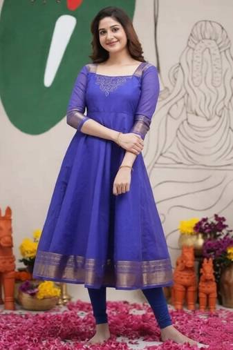 Blue embroidered with jaquard  kanchi cotton maxi kurti dupatta set