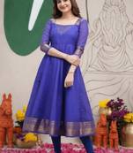 Blue embroidered with jaquard  kanchi cotton maxi kurti dupatta set
