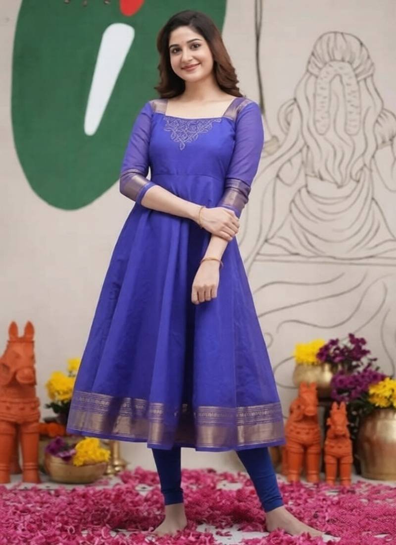 Blue embroidered with jaquard  kanchi cotton maxi kurti dupatta set