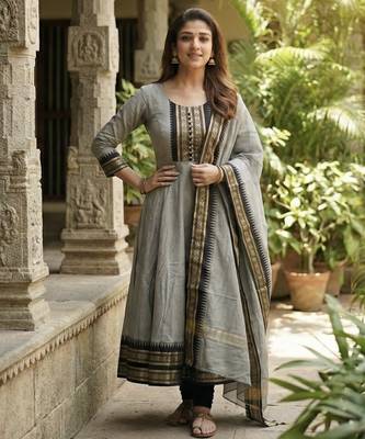 Cream embroidered with jaquard  kanchi cotton maxi kurti dupatta set 1