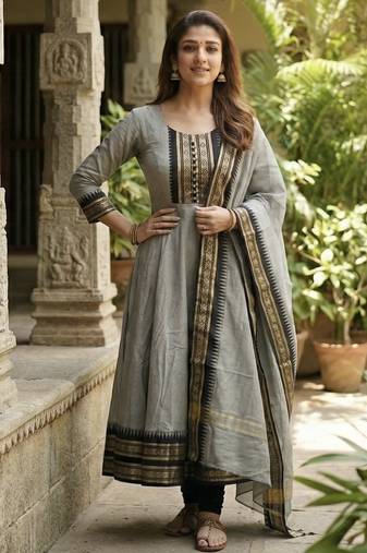 Cream embroidered with jaquard  kanchi cotton maxi kurti dupatta set