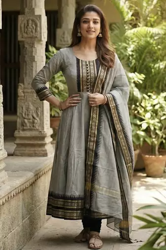 Cream embroidered with jaquard  kanchi cotton maxi kurti dupatta set