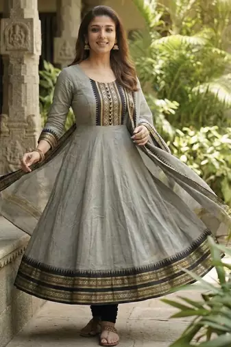 Cream embroidered with jaquard  kanchi cotton maxi kurti dupatta set
