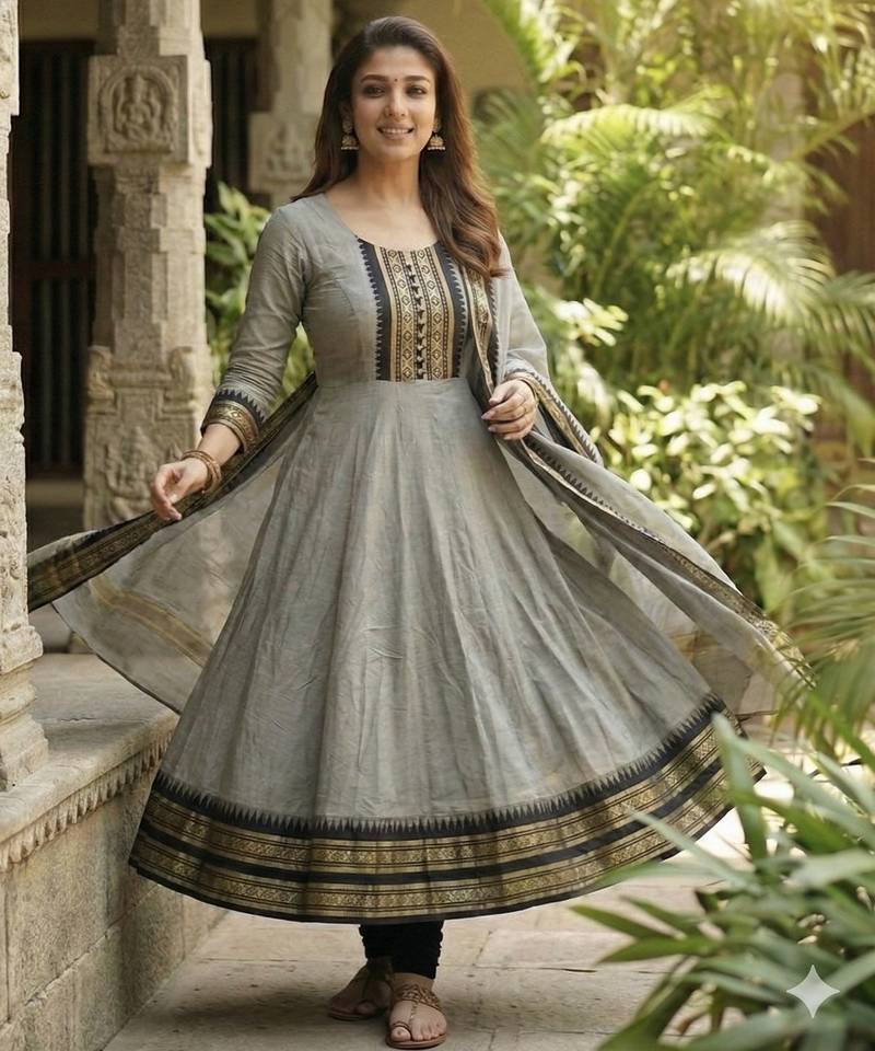 Cream embroidered with jaquard  kanchi cotton maxi kurti dupatta set