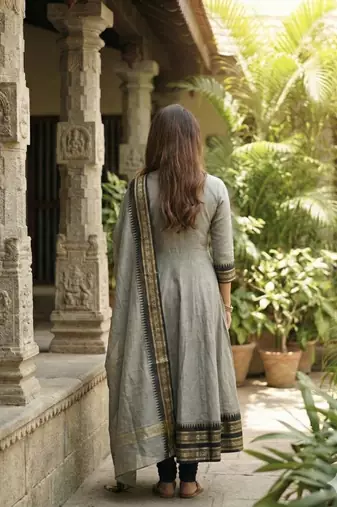 Cream embroidered with jaquard  kanchi cotton maxi kurti dupatta set