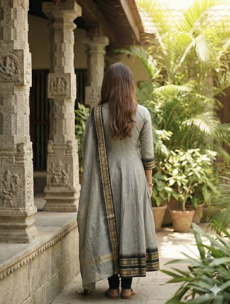 Cream embroidered with jaquard  kanchi cotton maxi kurti dupatta set