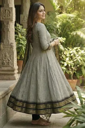 Cream embroidered with jaquard  kanchi cotton maxi kurti dupatta set