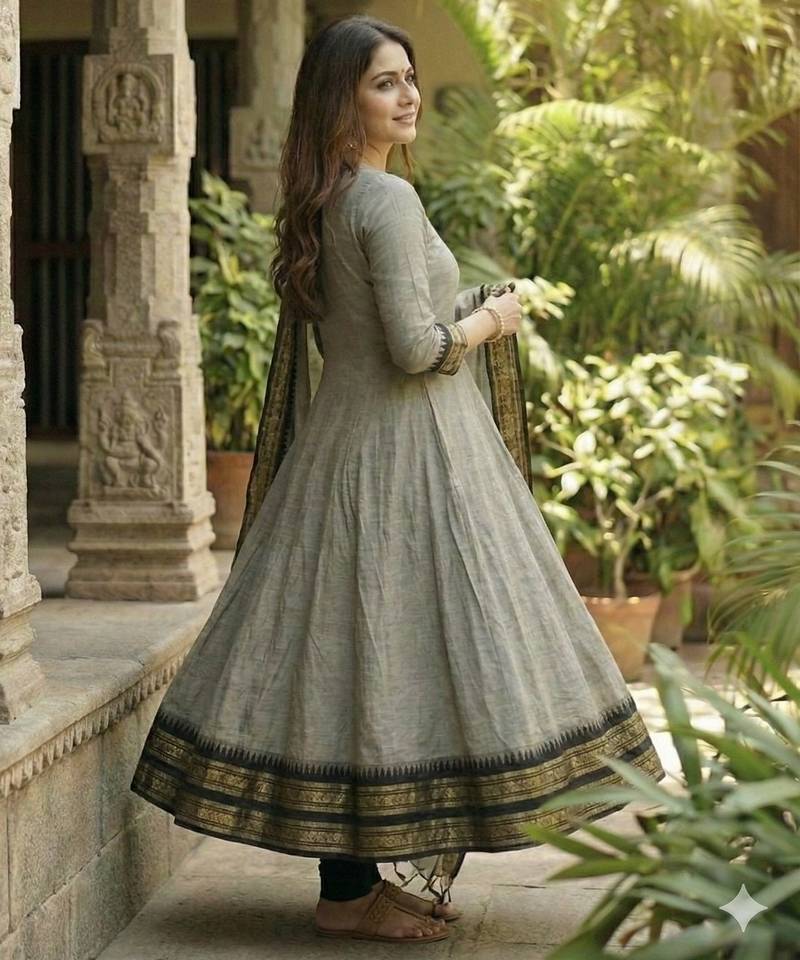 Cream embroidered with jaquard  kanchi cotton maxi kurti dupatta set