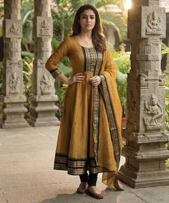 Mustard embroidered with jaquard  kanchi cotton maxi kurti dupatta set 1