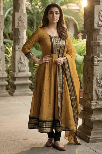 Mustard embroidered with jaquard  kanchi cotton maxi kurti dupatta set