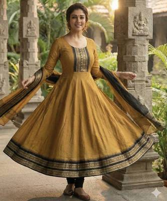 Mustard embroidered with jaquard  kanchi cotton maxi kurti dupatta set 2