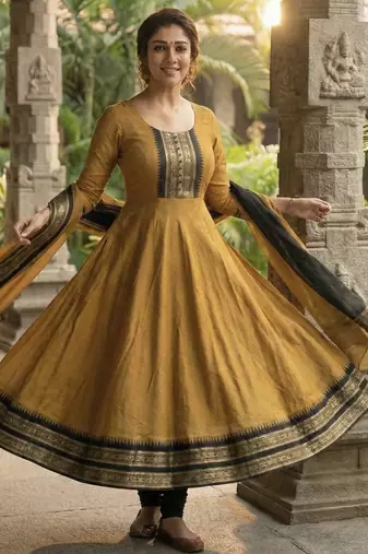 Mustard embroidered with jaquard  kanchi cotton maxi kurti dupatta set