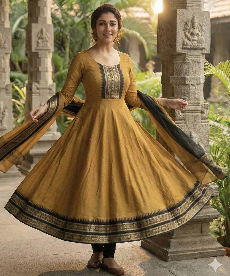 Mustard embroidered with jaquard  kanchi cotton maxi kurti dupatta set