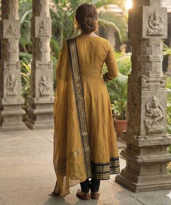 Mustard embroidered with jaquard  kanchi cotton maxi kurti dupatta set 3