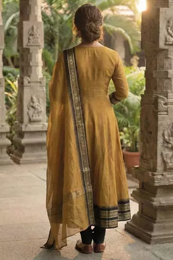 Mustard embroidered with jaquard  kanchi cotton maxi kurti dupatta set