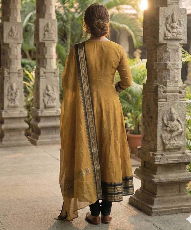 Mustard embroidered with jaquard  kanchi cotton maxi kurti dupatta set