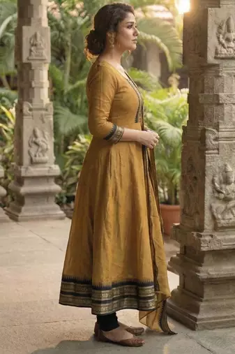 Mustard embroidered with jaquard  kanchi cotton maxi kurti dupatta set