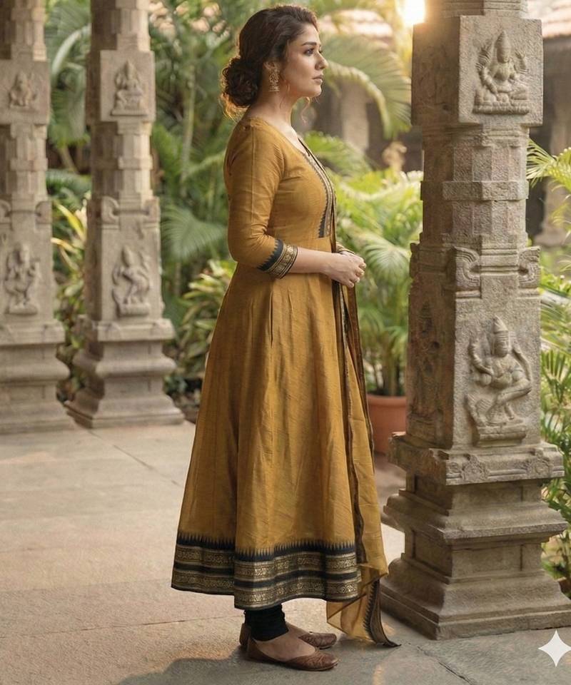 Mustard embroidered with jaquard  kanchi cotton maxi kurti dupatta set